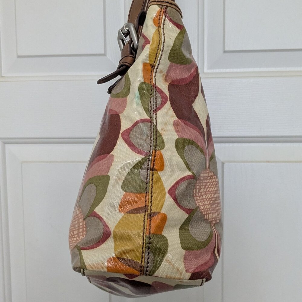 Vintage Fossil KeyPer Vibrant Floral Coated Canvas and Brown Leather Tote Should - Picture 6 of 16